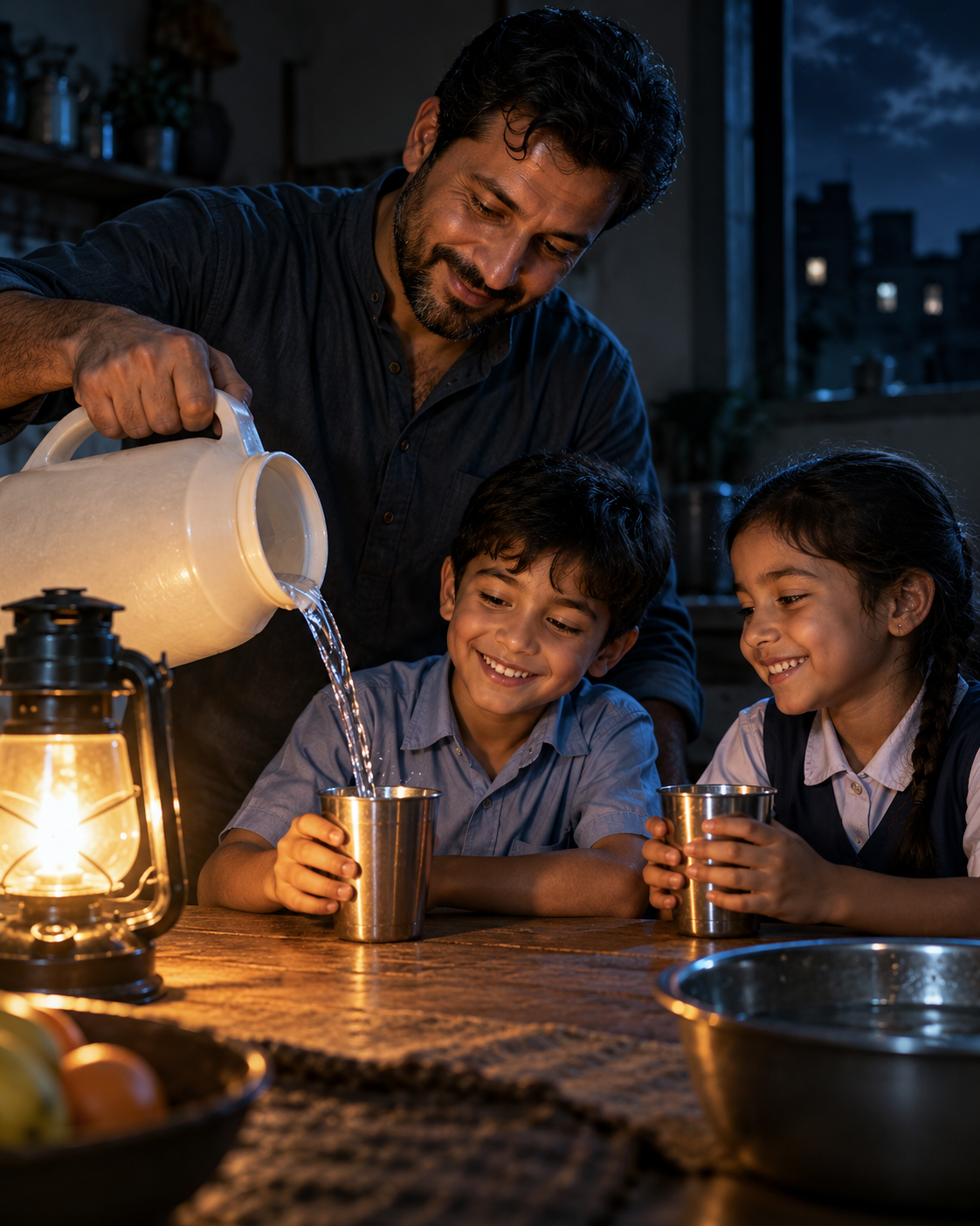 A father pouring water for his kids by lantern light