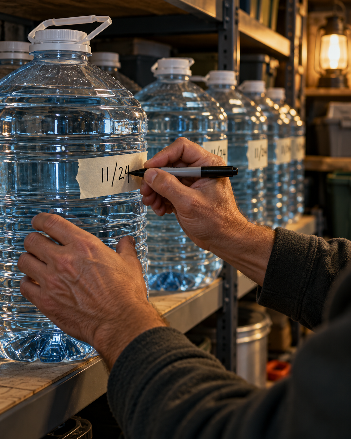 Hands writing a fill date on a water container