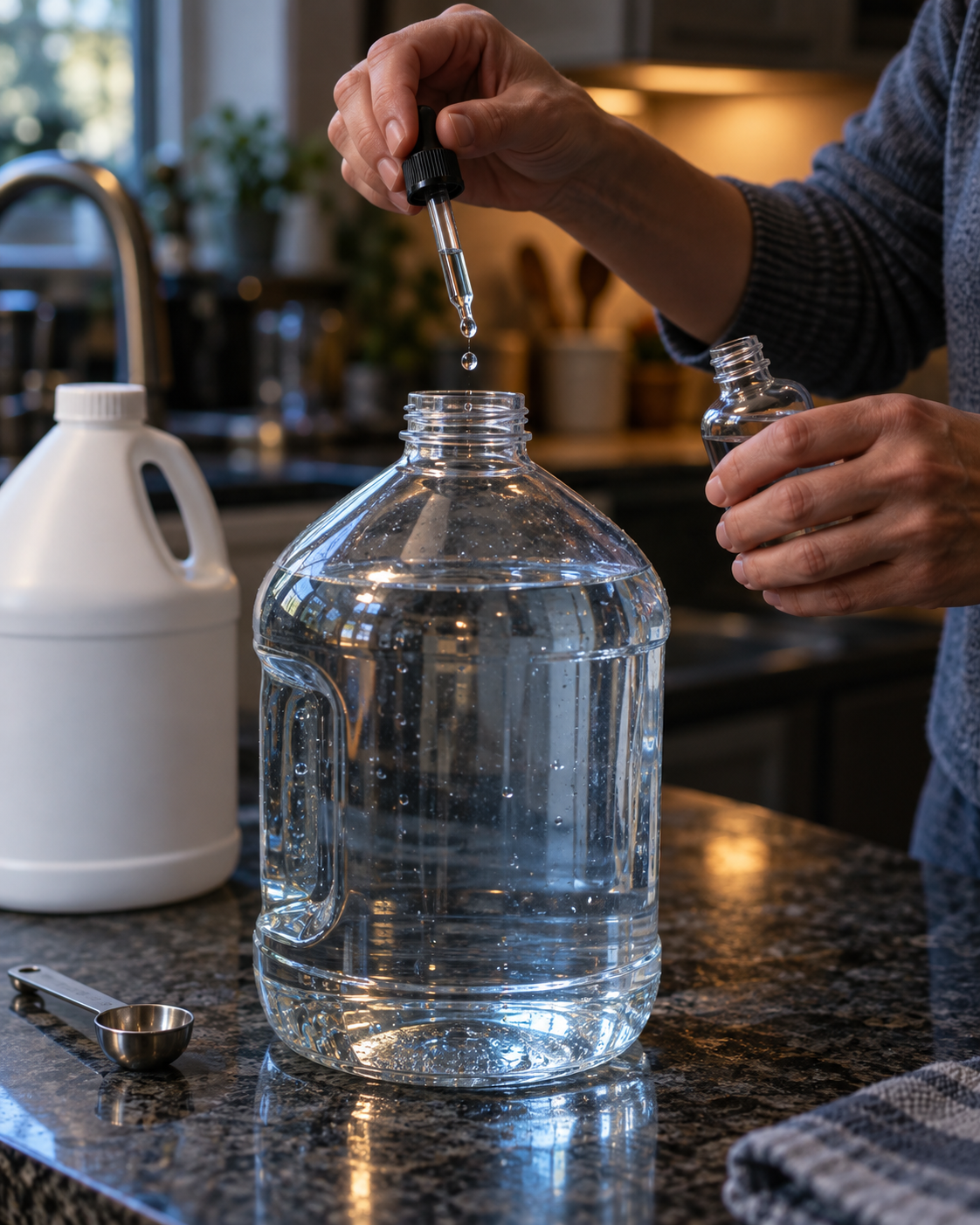 Adding drops of bleach to a jug of water