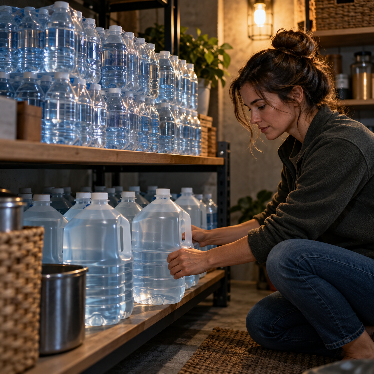 A pantry shelf of bottled water