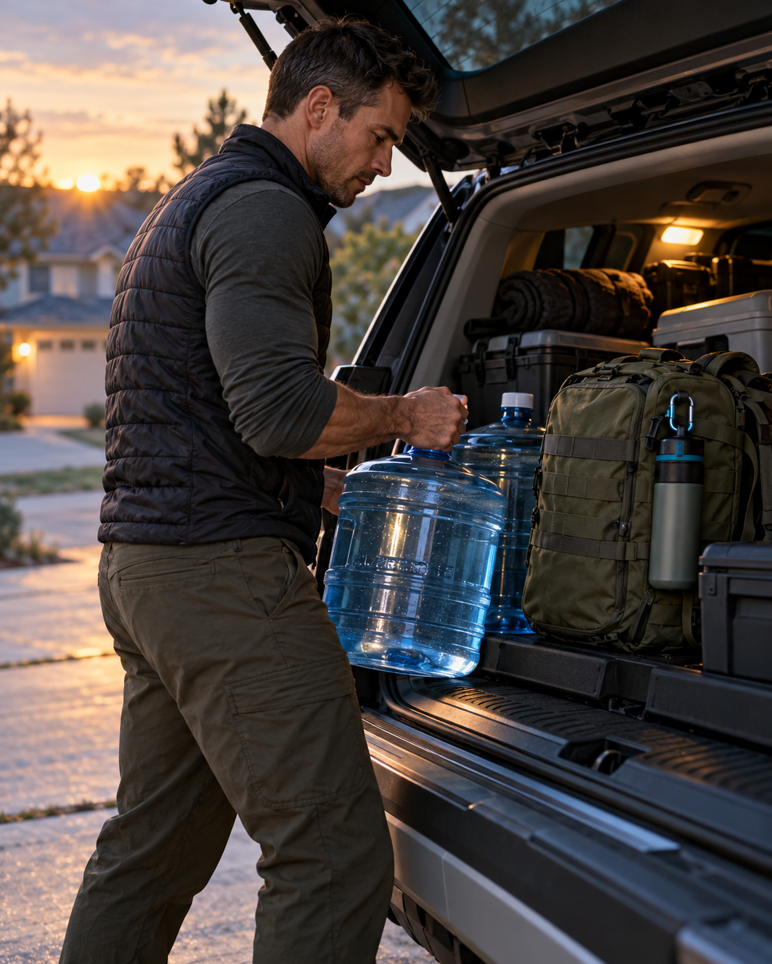 Loading water jugs and a go-bag into an SUV