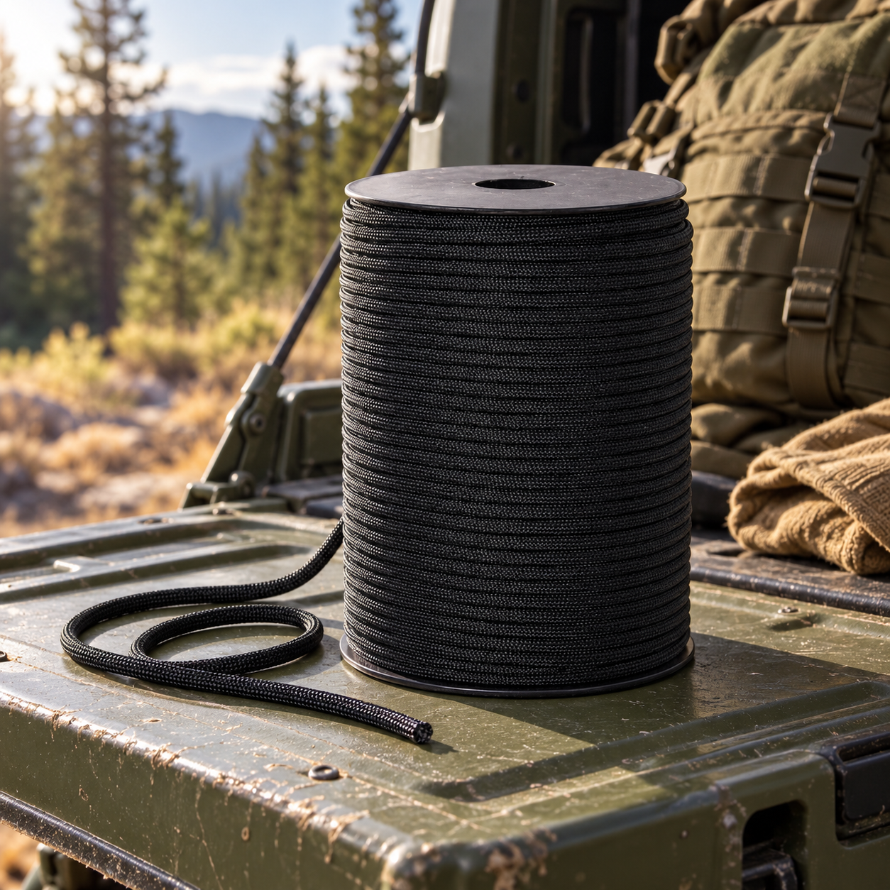 BattleGear 550 black paracord staged with a field pack