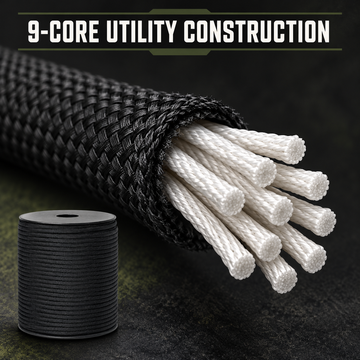 Nine-core utility construction infographic for BattleGear 550 paracord