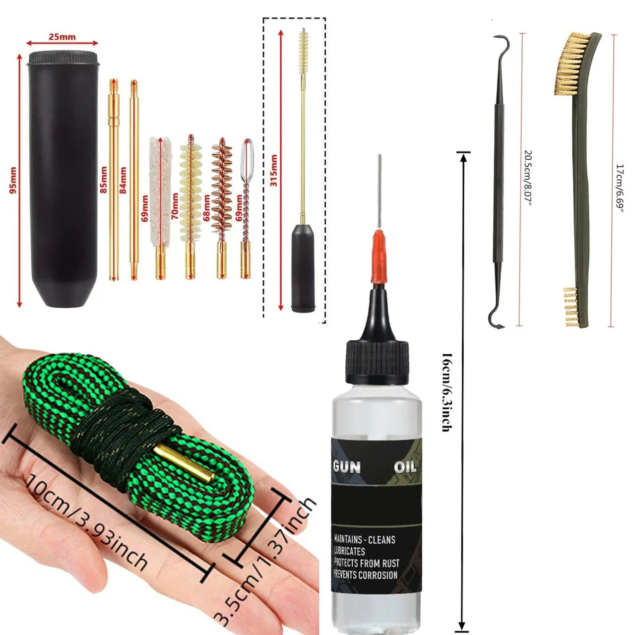 Gun cleaning kit component dimensions