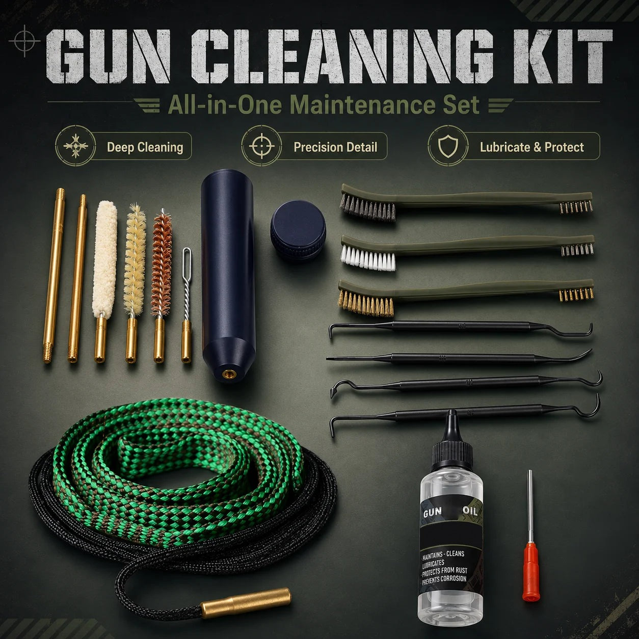 BattleGear Field Gun Cleaning Kit with bore snake, CLP oil, brushes and picks