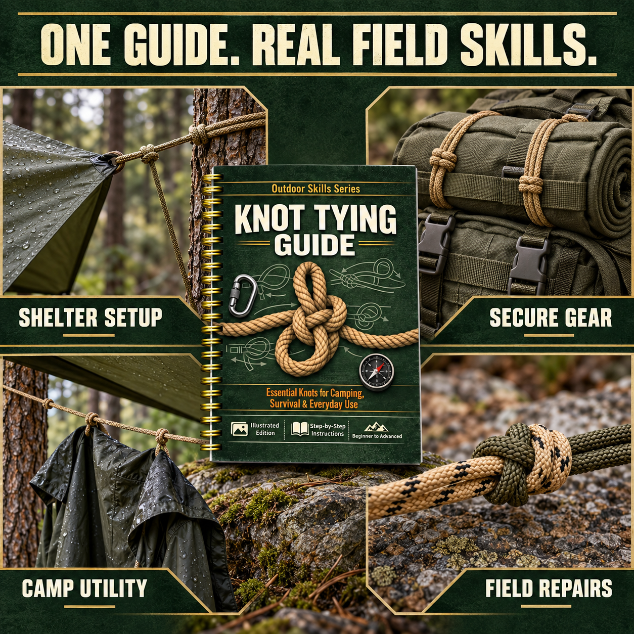 BattleGear Knot Tying Guide field uses for shelter setup, securing gear, camp utility and repairs