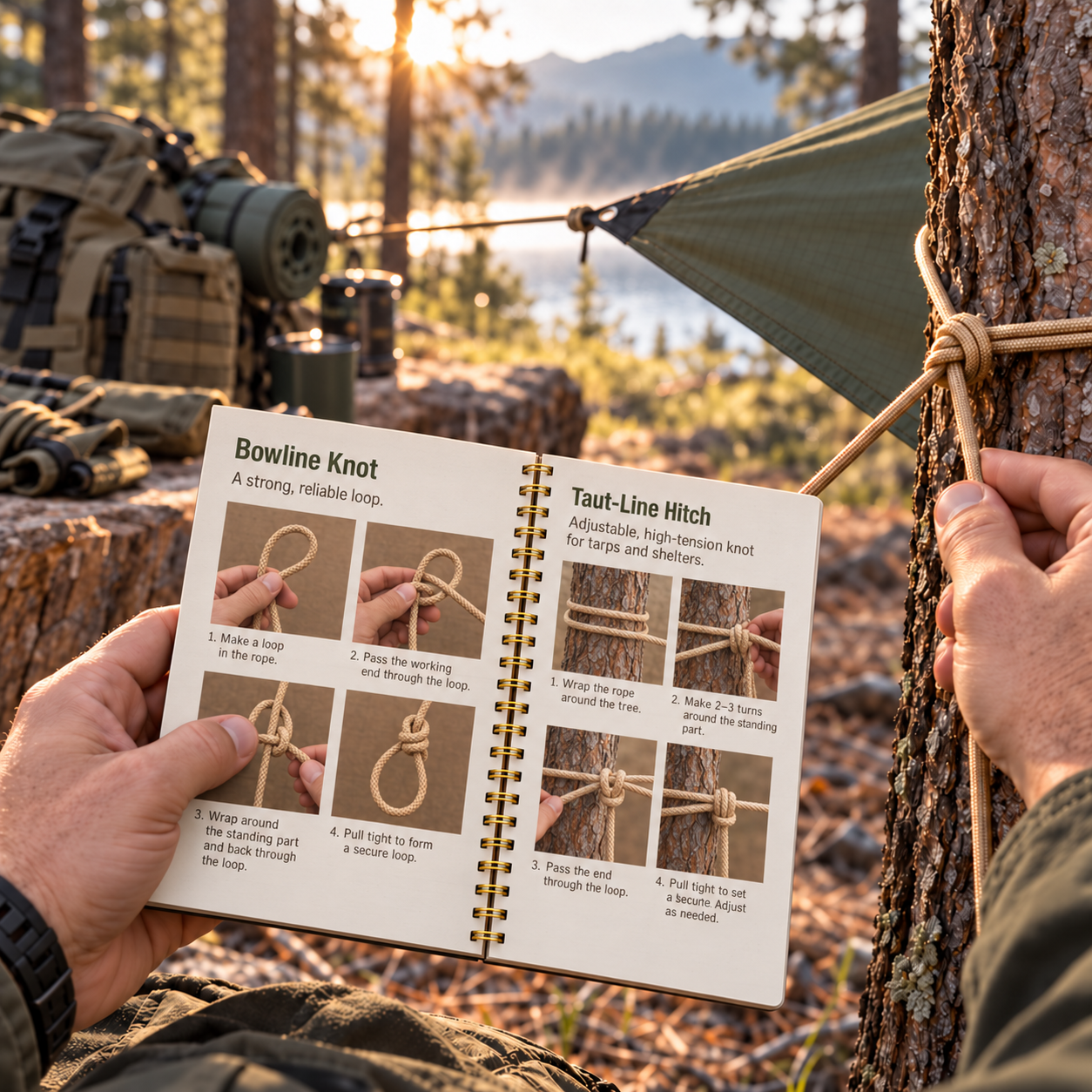 BattleGear Knot Tying Guide open to illustrated knot instructions during a tarp setup