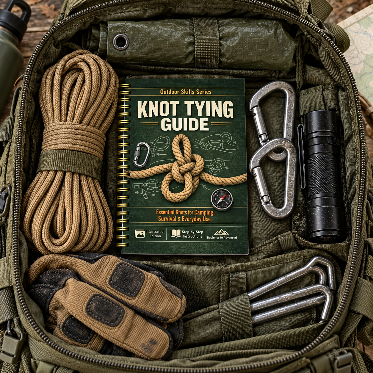 BattleGear Knot Tying Guide packed with paracord, carabiners, gloves, tarp and flashlight