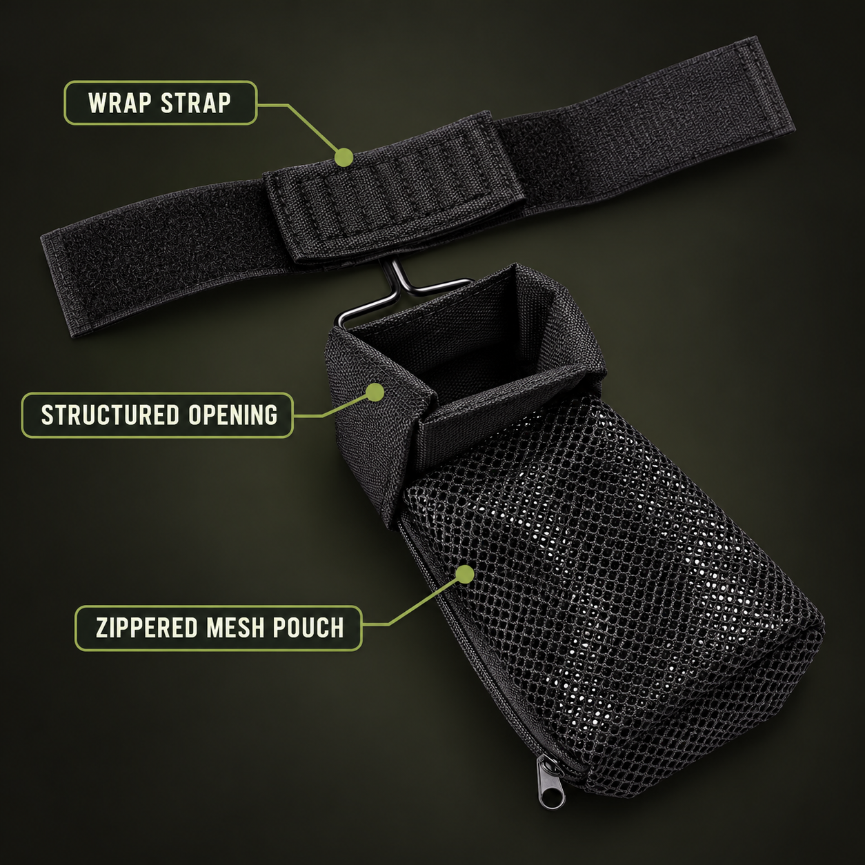 BrassTrap wrap strap structured opening and zippered mesh pouch