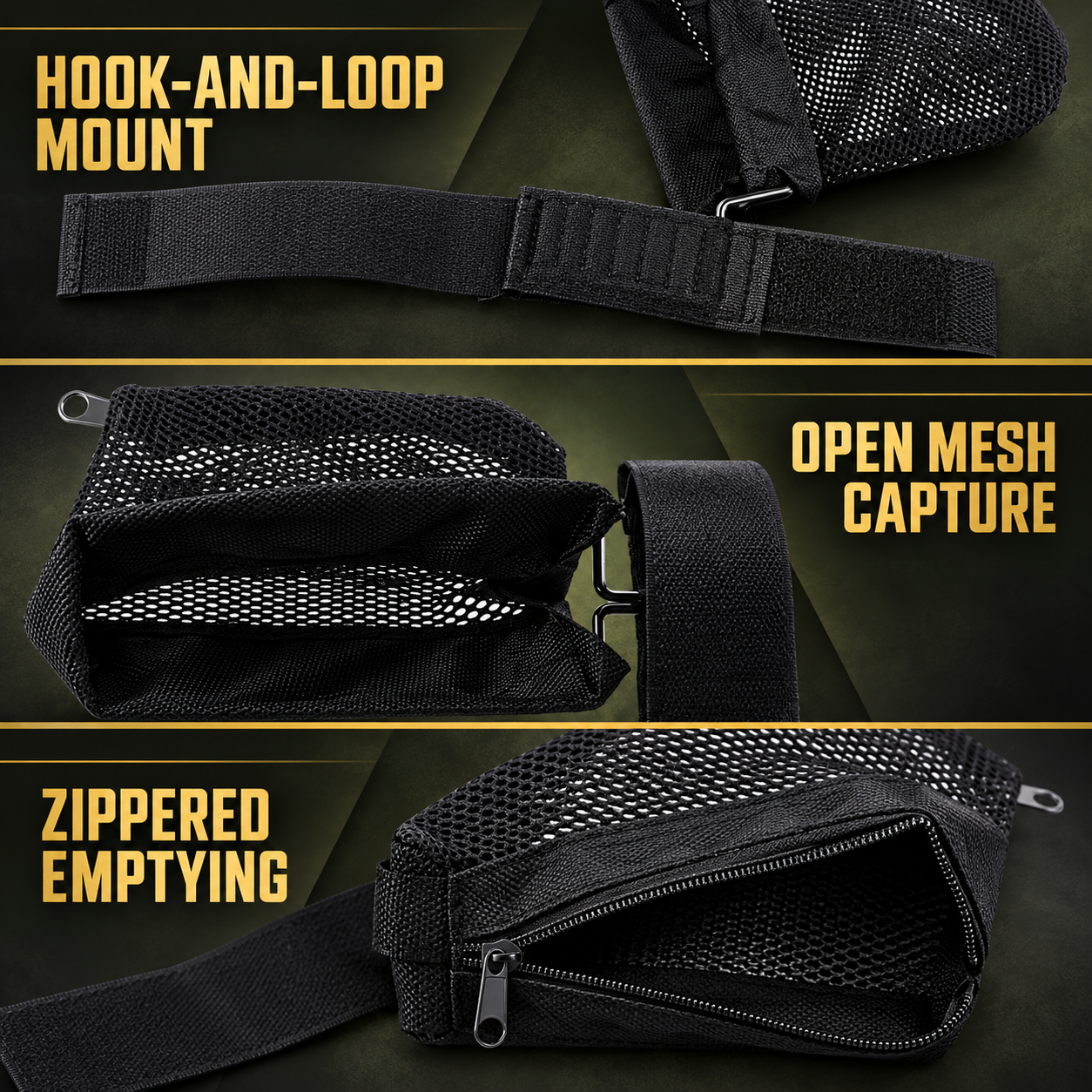 Hook-and-loop mount open mesh capture and zippered emptying features