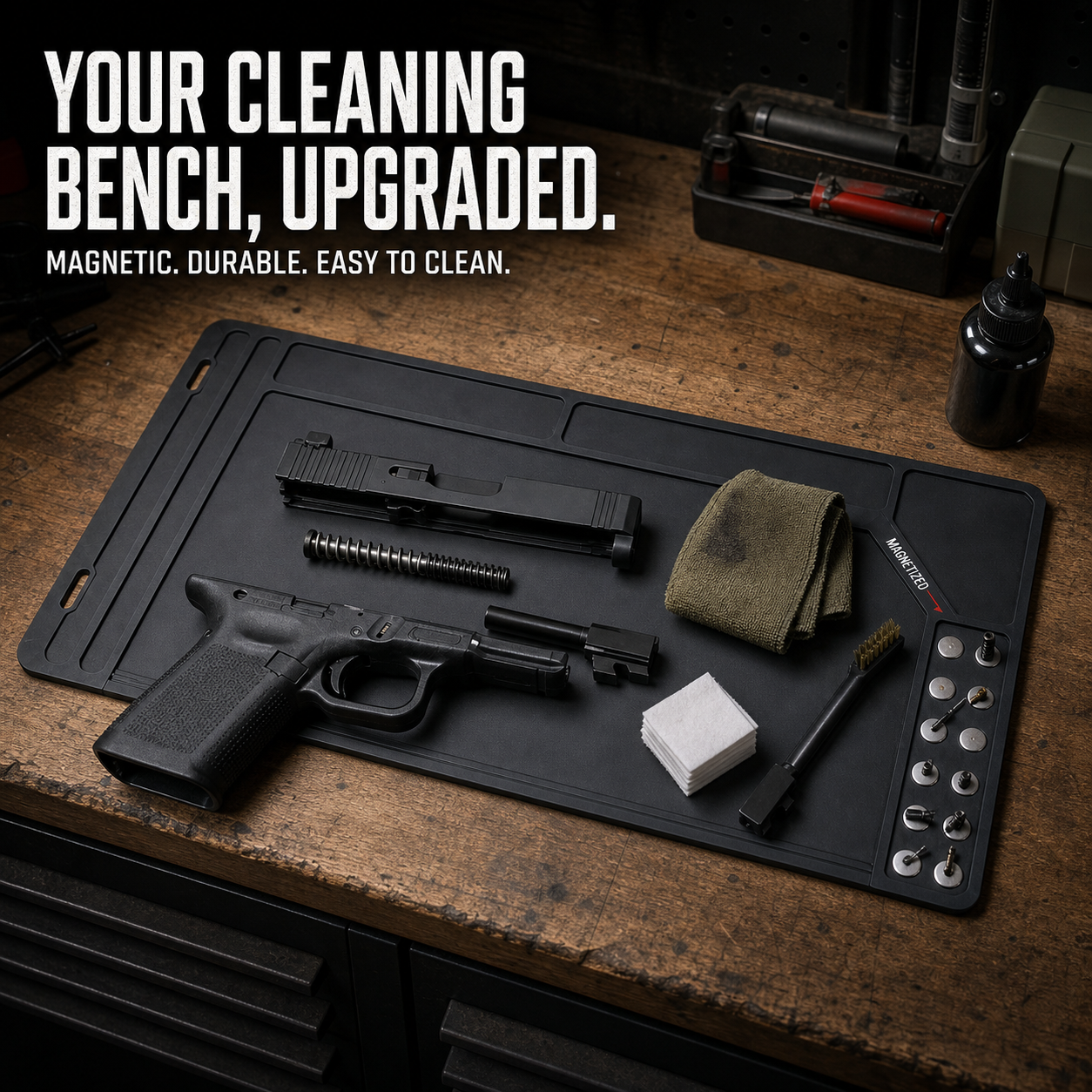 BattleGear™ - Gun Cleaning Work Mat - Magnetic Parts Tray for Rifle & Pistol Maintenance