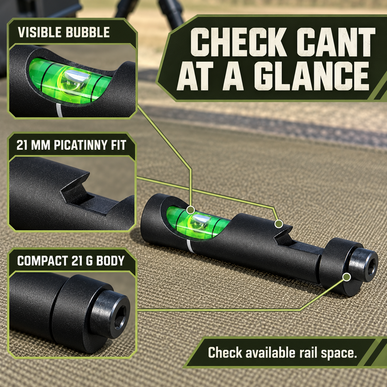 TacSight feature infographic with visible bubble, standard 21 mm Picatinny fit and compact 21 gram body