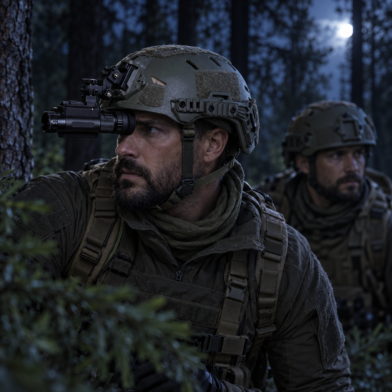 TacSight helmet-mounted night vision during a nighttime field operation
