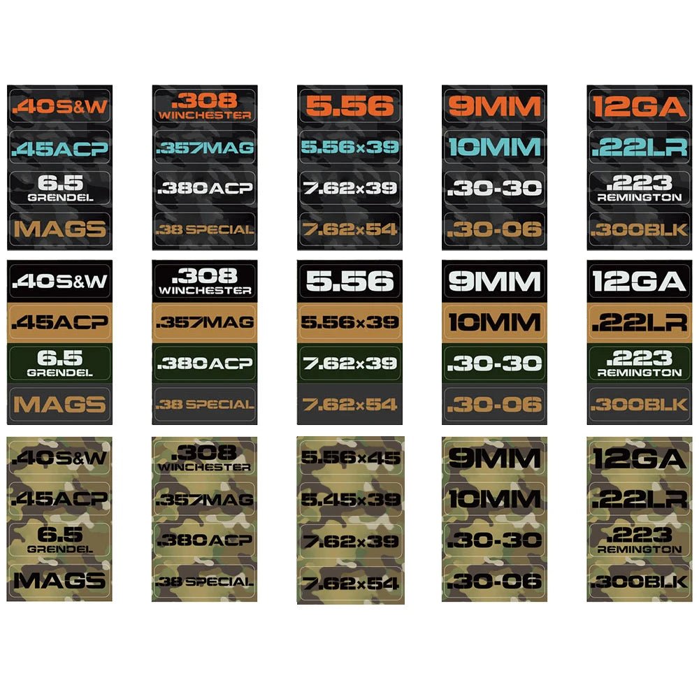 Ammo Label Stickers 5.56 7.62x39 300BLK .45ACP 9MM .223REM .380 - Military Overstock