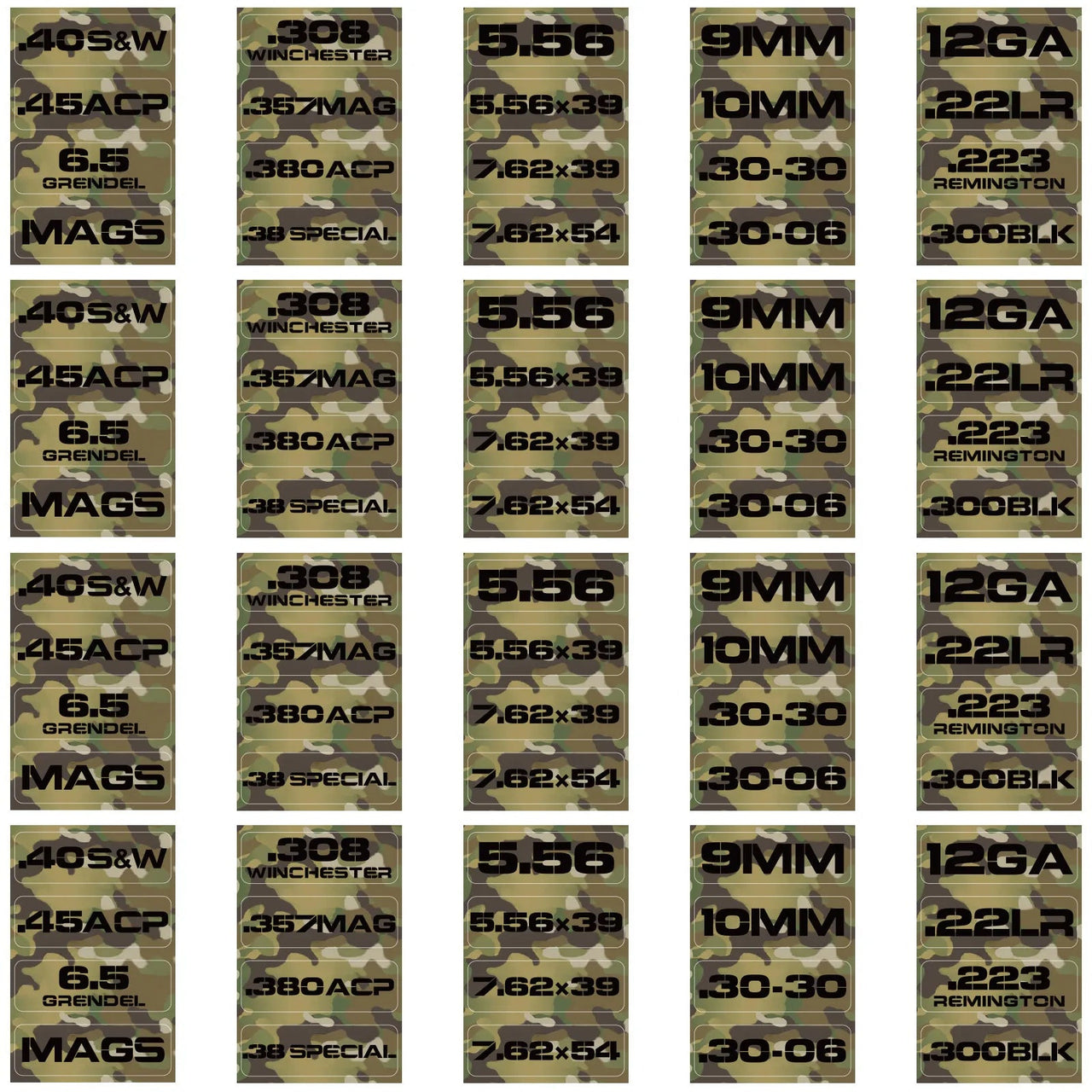 Ammo Label Stickers 5.56 7.62x39 300BLK .45ACP 9MM .223REM .380 - Military Overstock