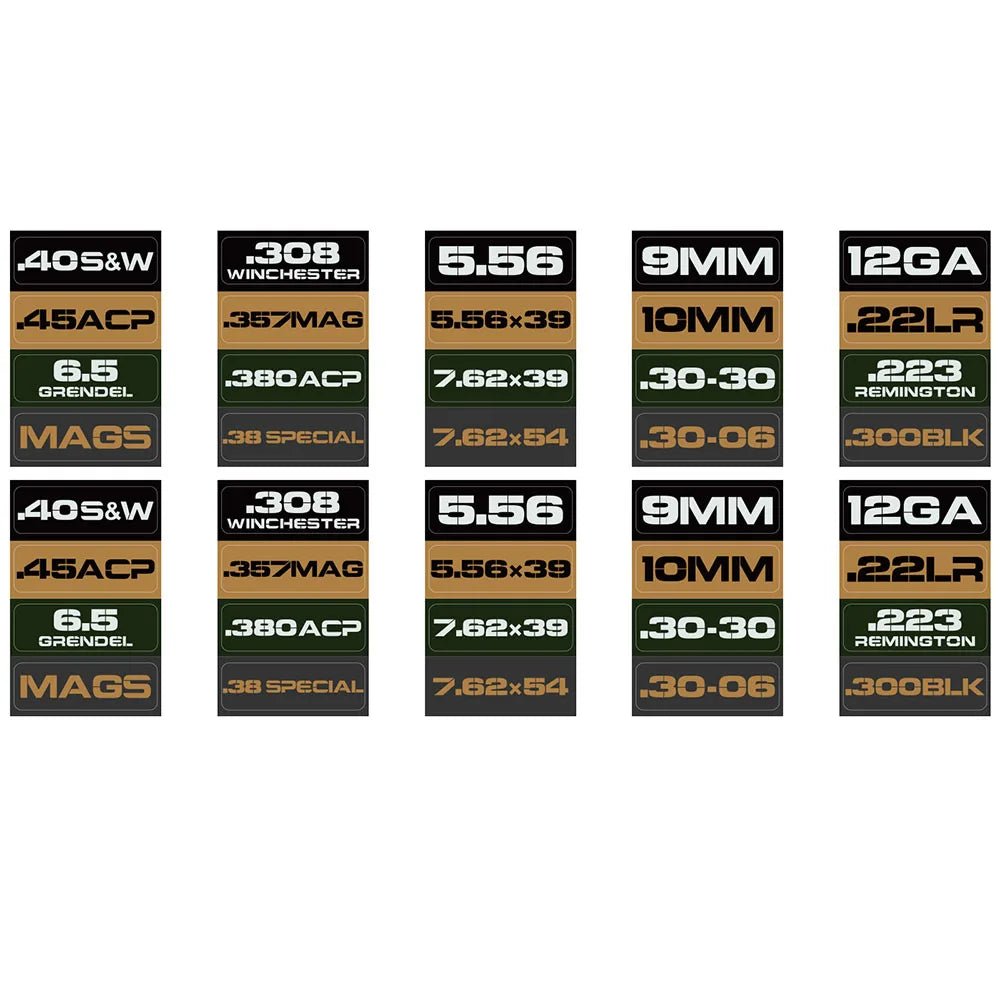 Ammo Label Stickers 5.56 7.62x39 300BLK .45ACP 9MM .223REM .380 - Military Overstock
