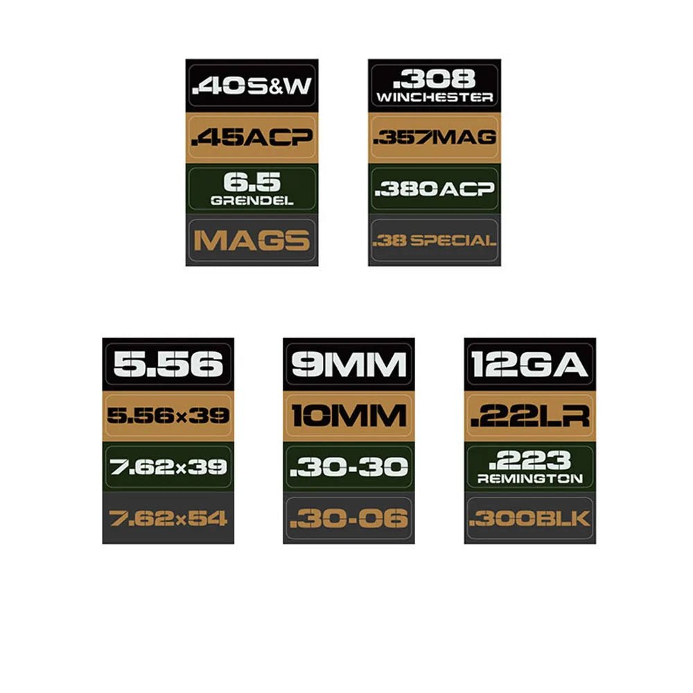 Ammo Label Stickers 5.56 7.62x39 300BLK .45ACP 9MM .223REM .380 - Military Overstock