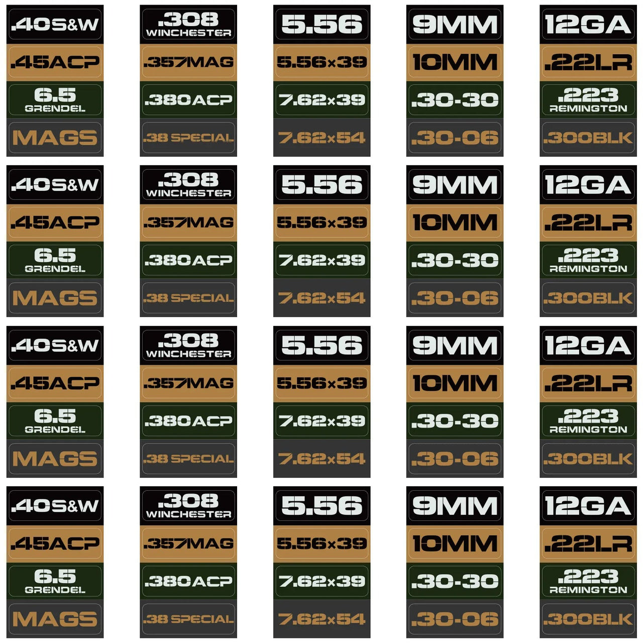 Ammo Label Stickers 5.56 7.62x39 300BLK .45ACP 9MM .223REM .380 - Military Overstock