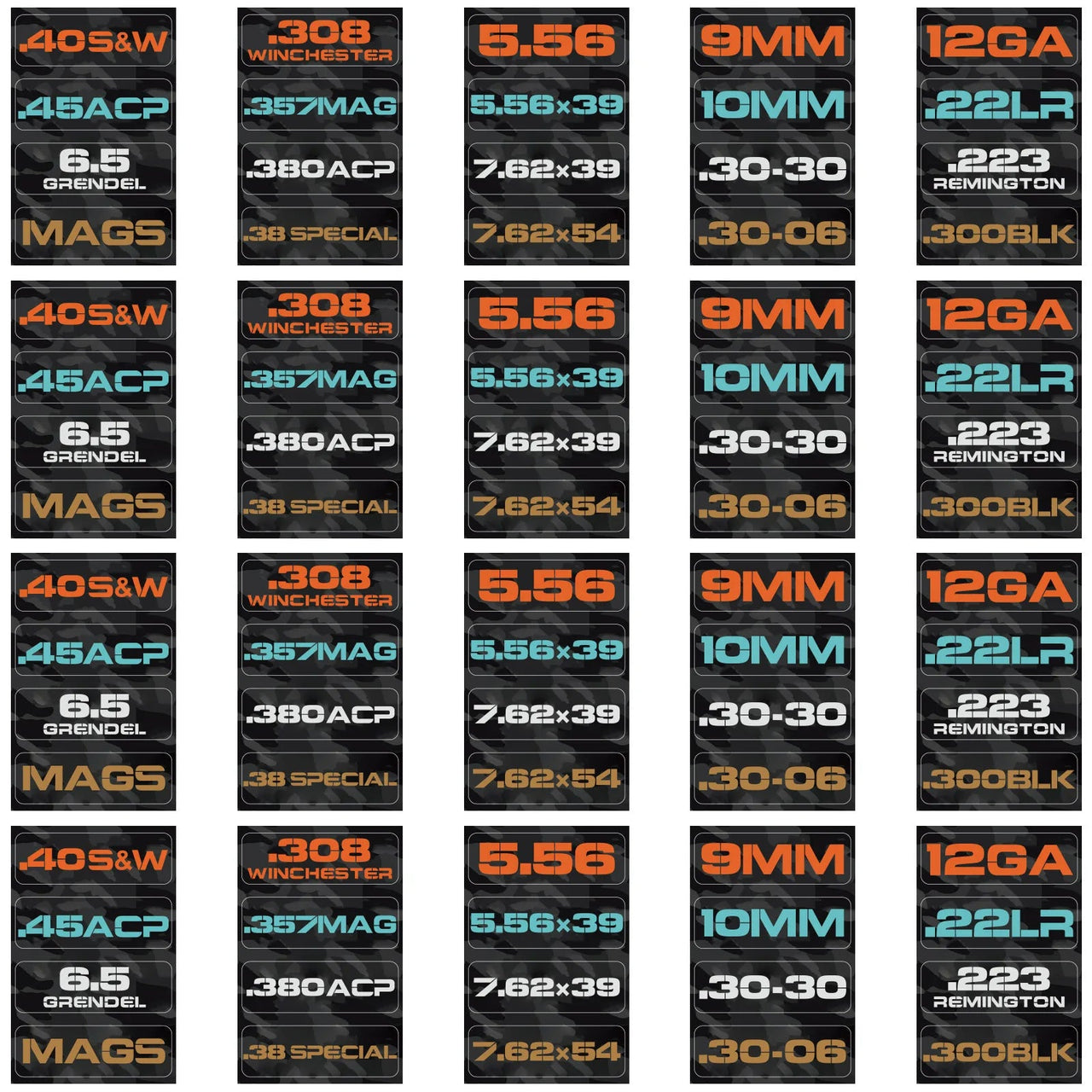 Ammo Label Stickers 5.56 7.62x39 300BLK .45ACP 9MM .223REM .380 - Military Overstock