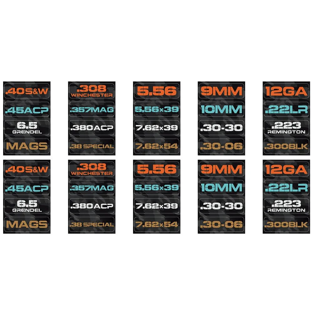 Ammo Label Stickers 5.56 7.62x39 300BLK .45ACP 9MM .223REM .380 - Military Overstock